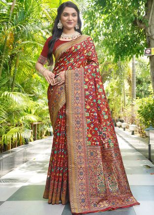 Red Zari Woven Saree In Cotton