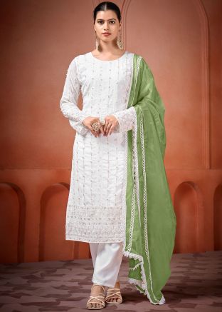 Readymade White Embroidered Georgette Pant Suit