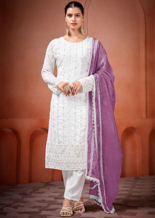 Readymade White Embroidered Georgette Pant Suit