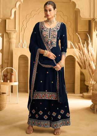 Blue Embroidered Velvet Salwar Suit Set