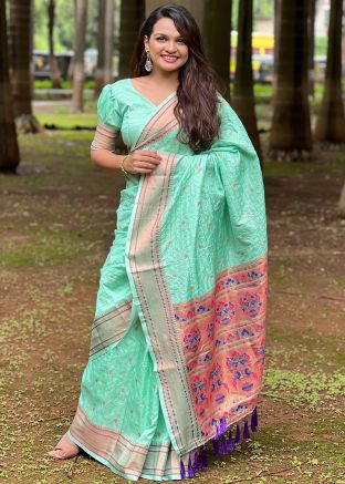 Turquoise Zari Woven Saree In Silk