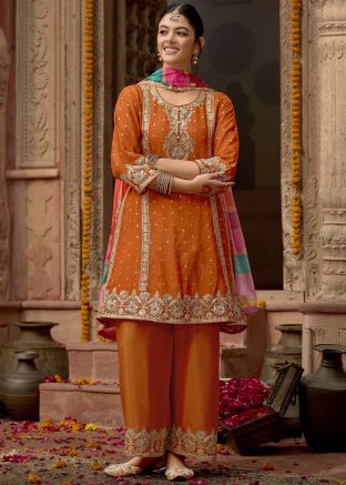 Readymade Orange Embroidered Palazzo Suit In Chiffon