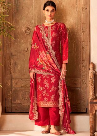 Red Viscose Woven Palazzo Suit Set