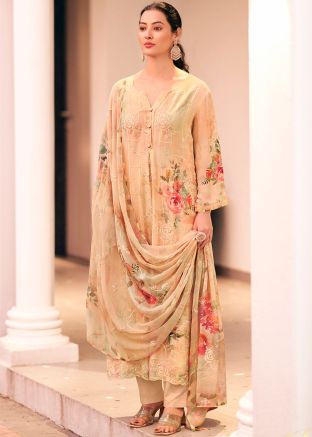 Beige Florla Print Salwar Suit Set In Georgette