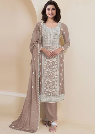 Prachi Desai Beige Embroidered Pant Suit Set
