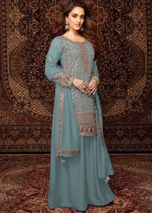 Blue Embroidered Palazzo Suit