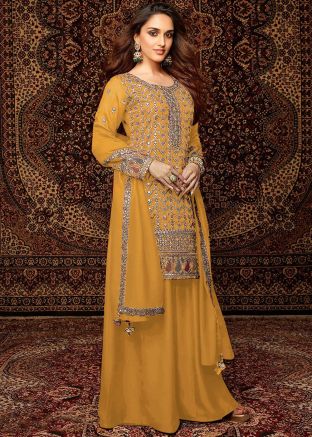 Yellow Embroidered Chiffon Palazzo Suit