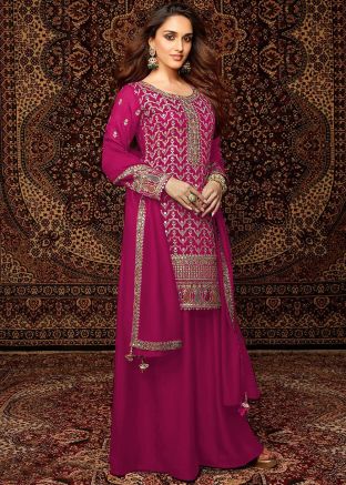 Dark Pink Embroidered Chiffon Palazzo Suit