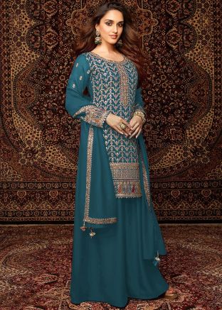 Blue Chiffon Embroidered Palazzo Suit