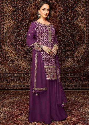 Purple Thread Embroidered Palazzo Suit