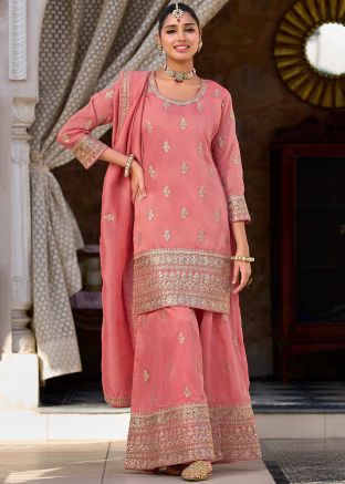 Peach Embroidered Salwar Suit Set In Shimmer