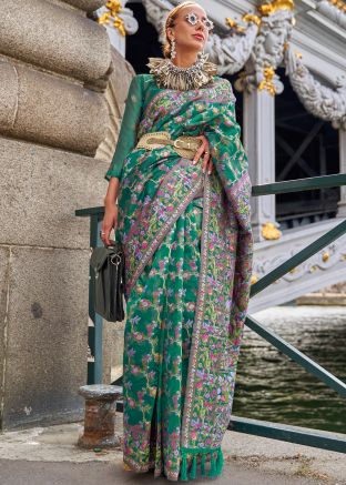 Green Woven Work Saree In Organza