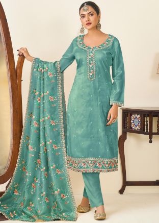 Blue Embrooidered Suit Set In Silk