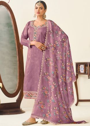 Purple Embroidered Salwar Suit Set In Silk