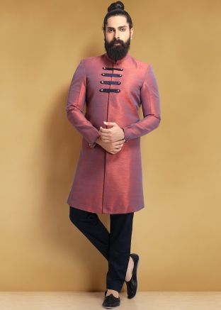 Indo Western Sherwani In Red With Churidar