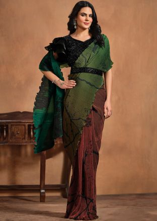 Green Readymade Digital Print Satin Saree