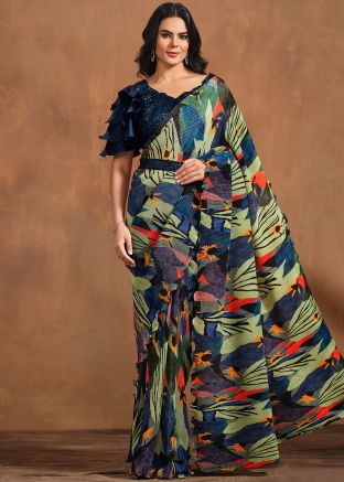 Green & Blue Digital Print Readymade Pleated Saree
