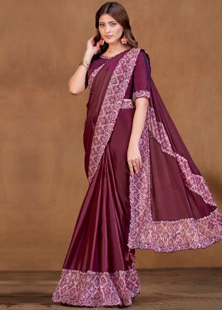 Readymade Wine Embellished Border Satin Saree