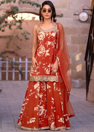 Brown Printed Salwar Suit Set In Chiffon