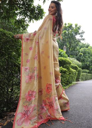 Yellow Print Tussar Silk Saree With Blouse