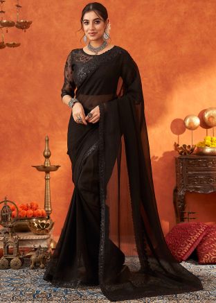 Black Thread Embroidered Saree In Organza