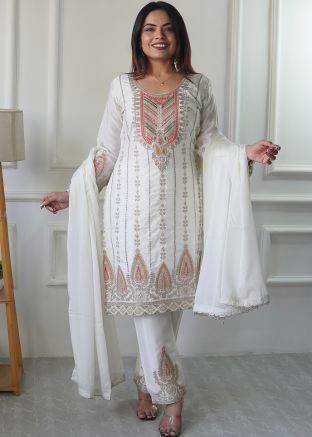 White Embroidered Salwar Suit Set In Chiffon