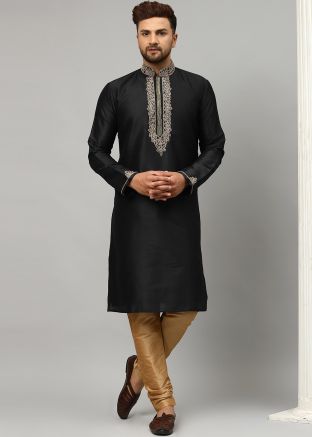 Black Embroidered Silk Readymade Kurta Pyjama