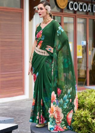 Green Georgette Saree In Floral Print