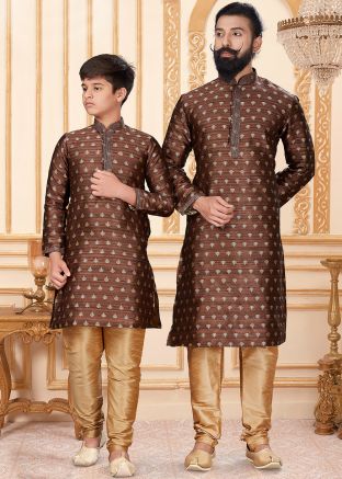 Father & Son Brown Silk Readymade Kurta Pyjama