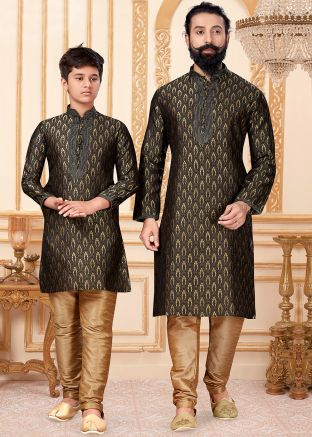Black Father & Son Readymade Woven Kurta Pajama