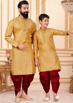 Yellow Father & Son Readymade Dhoti Kurta Set