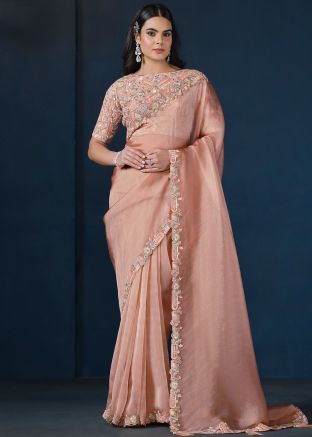 Peach Embroidered Saree In Tissue Silk