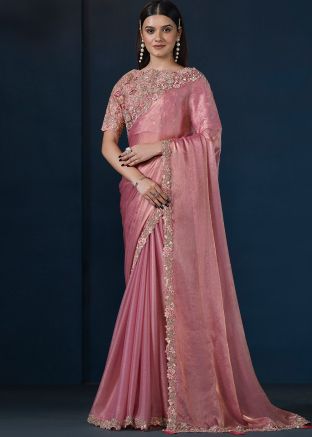 Pink Embroidered Saree In Shimmer