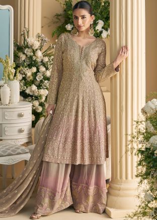 Brown Full Sleeved Embellished Flared Palazzo Suit