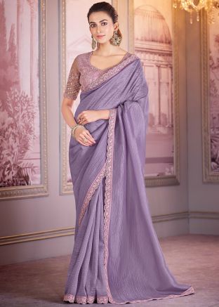 Lavender Embroidered Saree In Tissue Silk