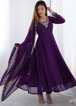 Purple Full Sleeved Embroidered Anarkali Suit
