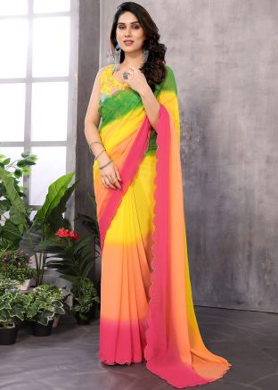 Multicolored Scalloped Border Georgette Saree
