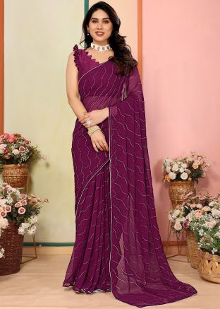Wine Saree With Blouse In Foil Print
