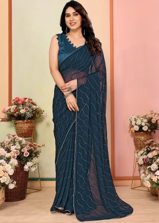 Teal Blue Saree With Blouse In Foil Print