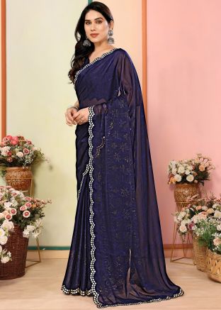 Navy Blue Embellished Saree In Art Silk