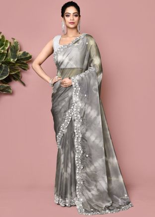 Grey Handwork Tissue Saree With Blouse