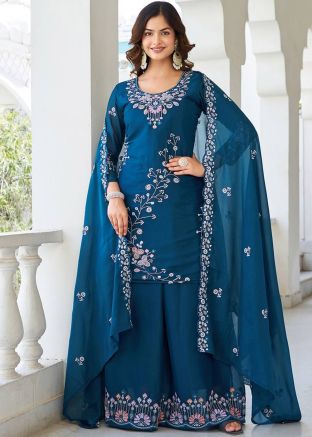 Blue Embroidered Sharara Suit Set