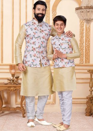 Beige Readymade Kurta Pajama For Father & Son
