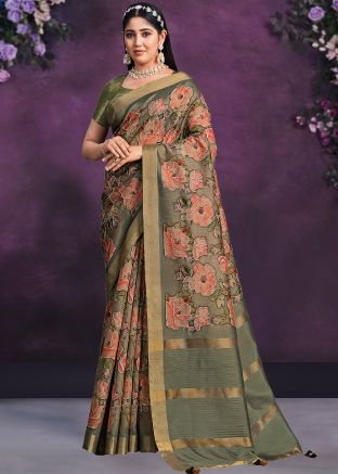 Dusty Green Digital Print Tussar Silk Saree