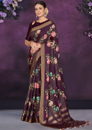 Purple Floral Print Tussar Silk Saree