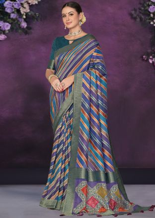 Blue Leheria Print Tussar Silk Saree