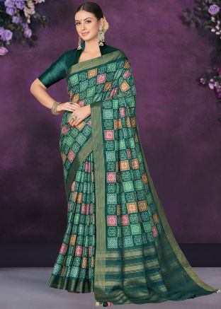 Green Printed Tussar Silk Saree With Blouse