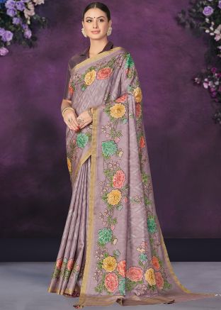 Mauve Purple Floral Print Tussar Silk Saree