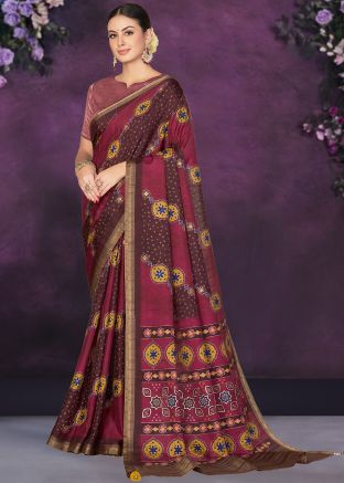 Maroon Embroidered Saree In Tussar Silk