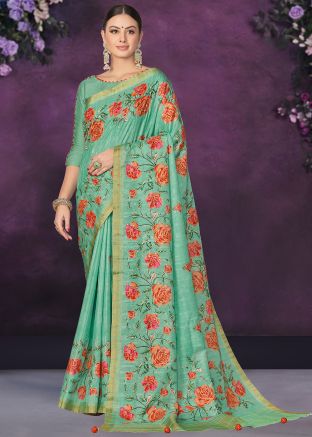 Green Floral Print Tussar Silk Saree